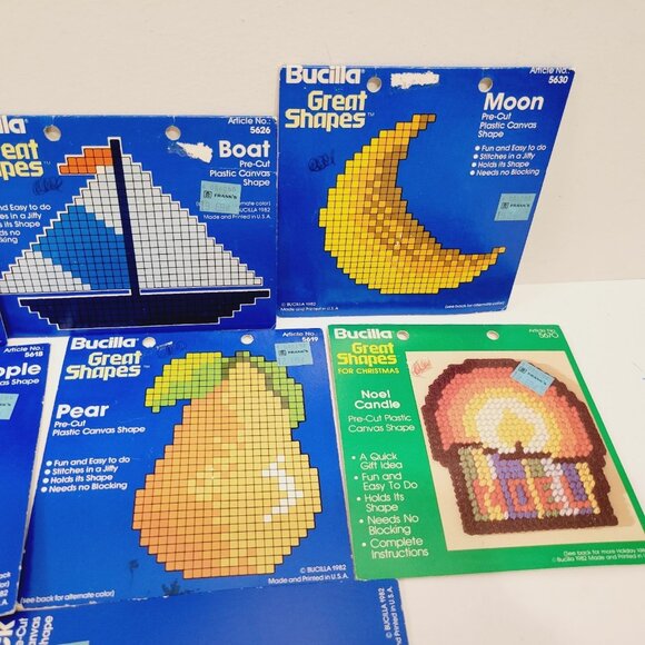 7 Mix Vtg Bucilla Great Shapes Pre Cut Plastic Canvas Shapes Duck Boat Moon - Picture 3 of 7